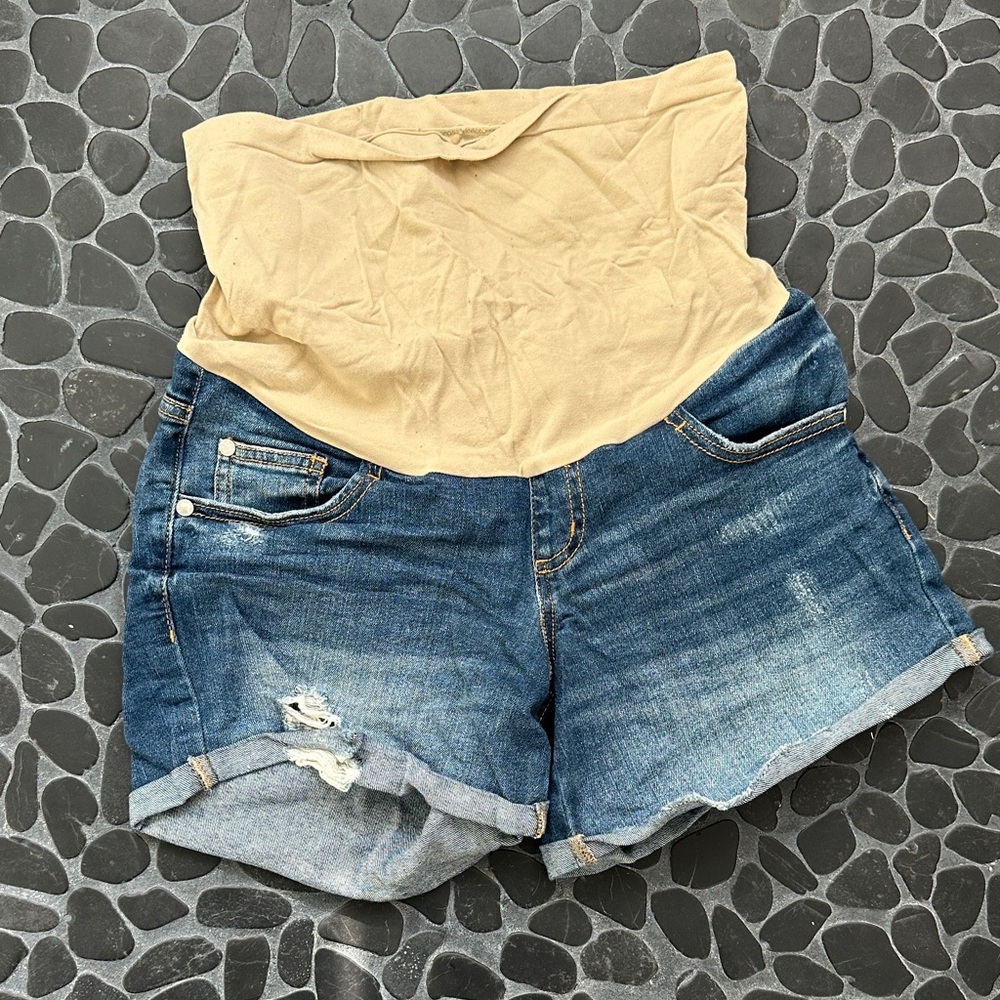 Indigo Blue Denim and Tan Jean Shorts